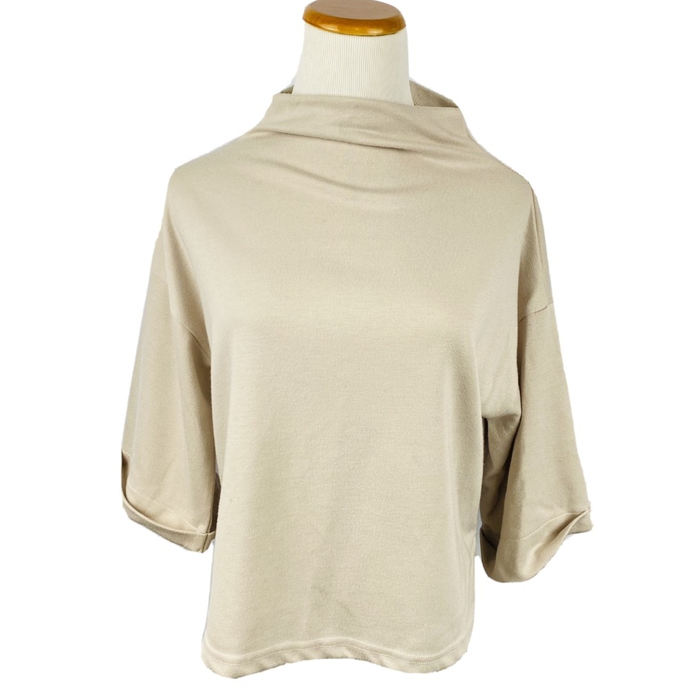 Trendy Mockneck Dolman Sleeves Gray Beige Top - Picture 2 of 10